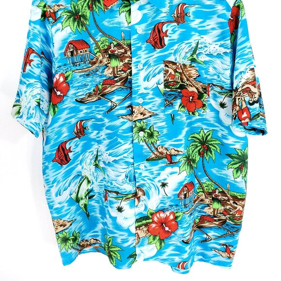 Vtg Van Cort Hawaiian Shirt Men's L? Short Sleeve Blue White Fish Island Print - Picture 2 of 7